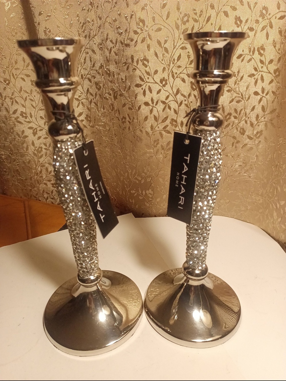 Tahari Home Crystal Rhinestone Candlestick Holders Silver Glam Pair